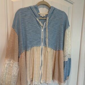 POL Light Blue Hoodie with Cream Lace Trim